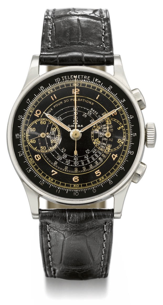 Omega. A large and very attractive stainless steel chronograph wristwatch with black dial and pulsometre