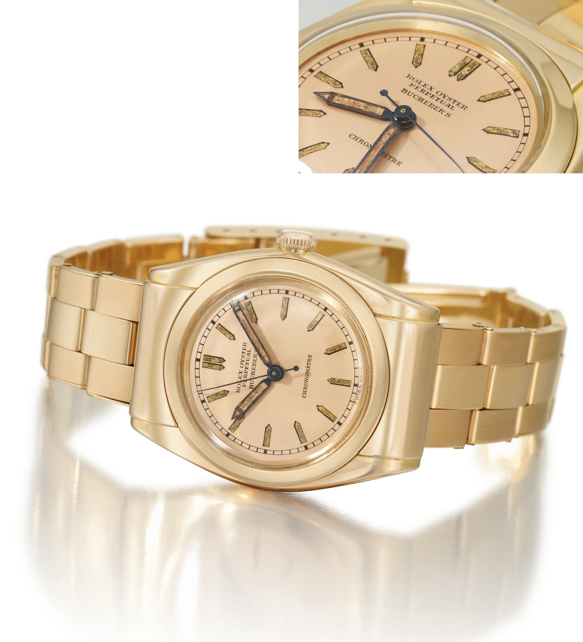 Rolex. A rare and very attractive 18K pink gold automatic bubble back wristwatch with sweep centre seconds, pink dial, hooded lugs and bracelet
