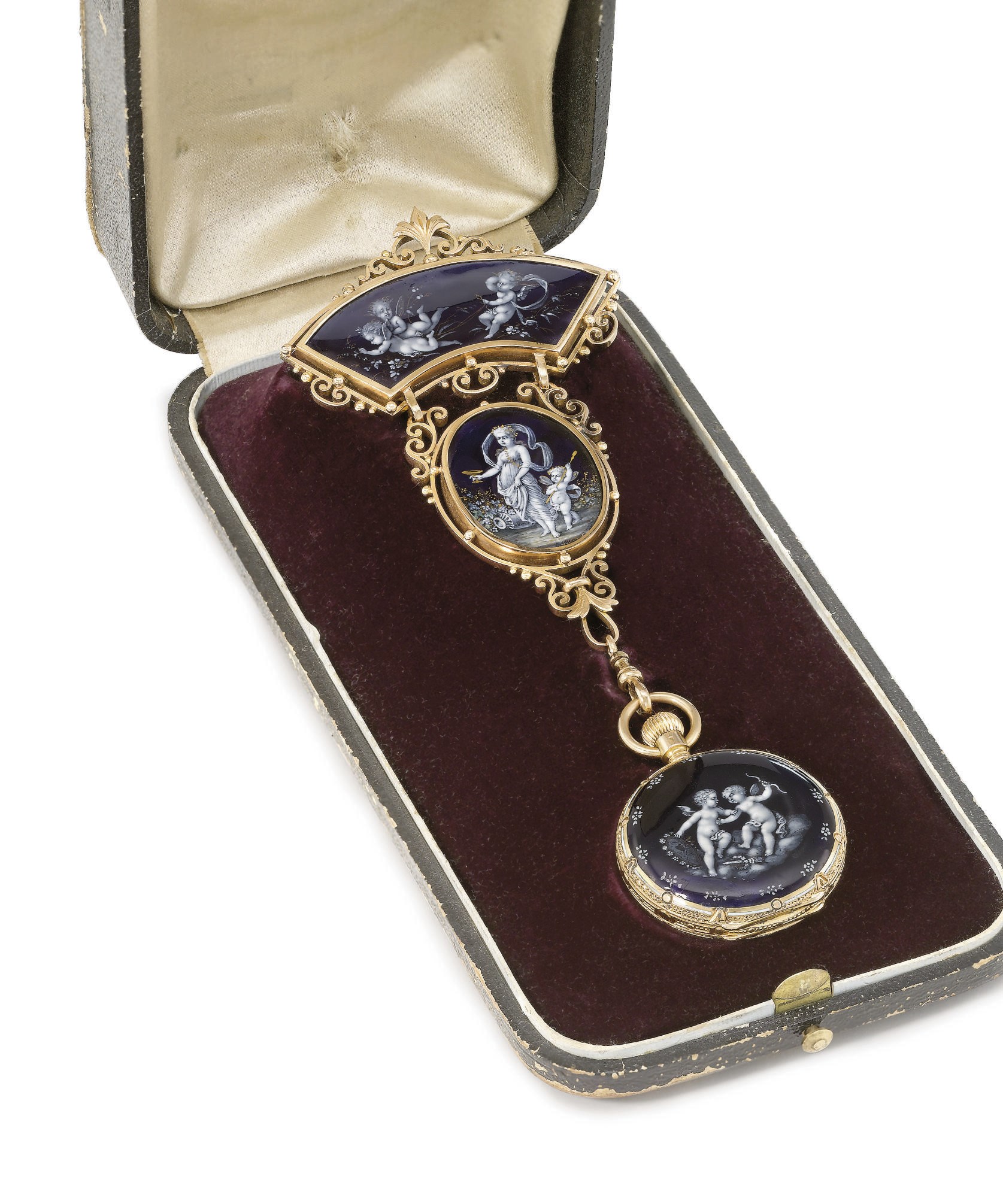 Golay-Leresche. A fine 18K pink gold and Limoges-style enamel half hunter case keyless lever pendant watch with brooch and fitted box
