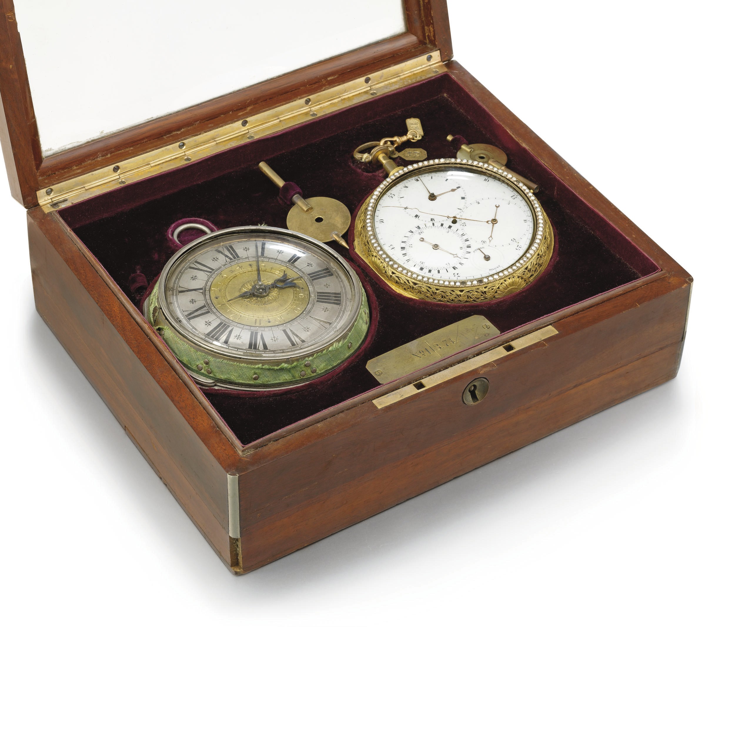 Barrett & Van der Cloesen. A lot of one gilt metal, enamel and pearl-set two train pair case openface hour striking stop centre seconds coach, made for the Chinese Market, and one silver pair case hour striking coach watch with alarm, in fitted box