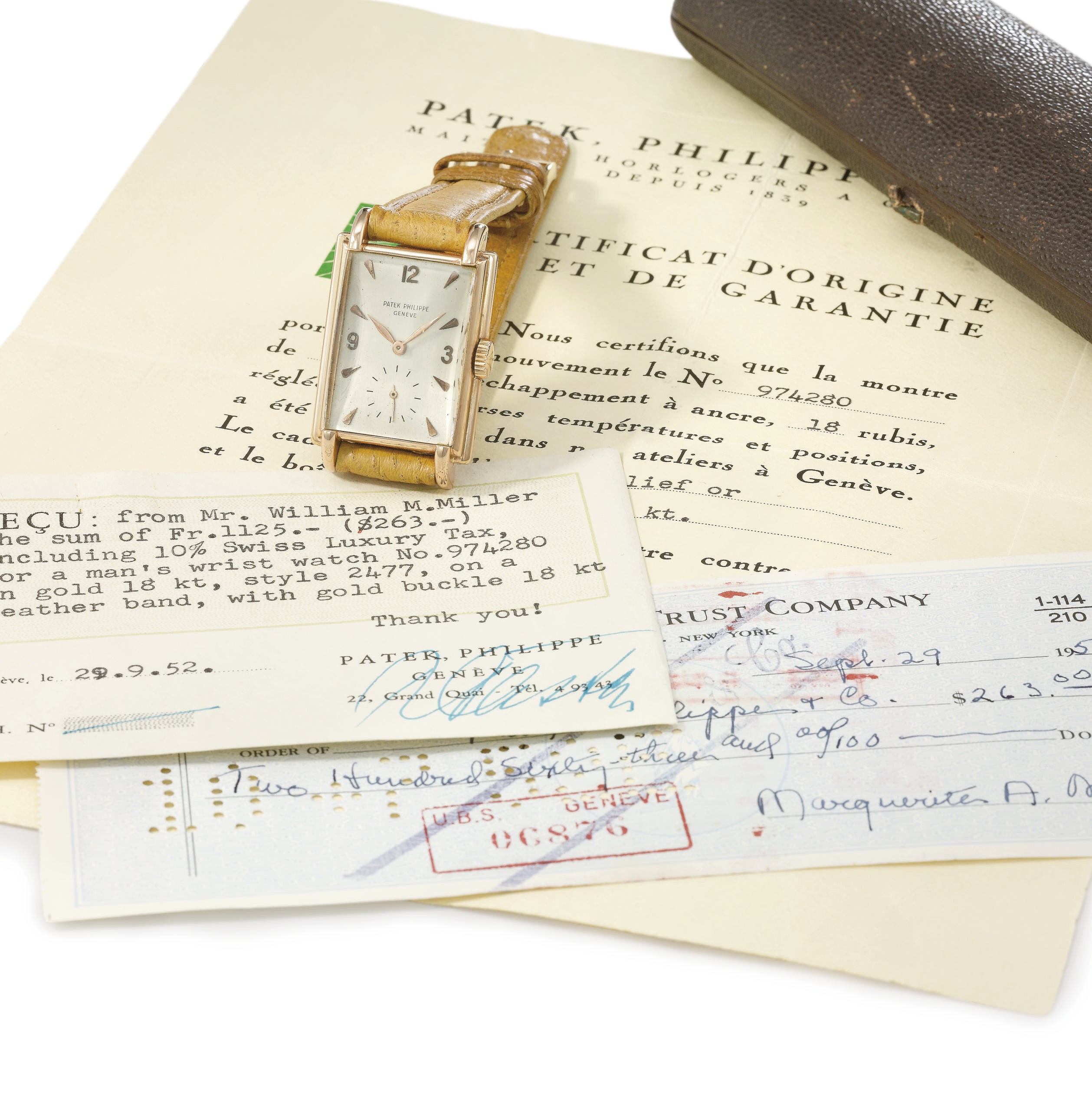 Patek Philippe. A fine and rare 18K pink gold rectangular wristwatch with original certificate, receipt, cheque and box