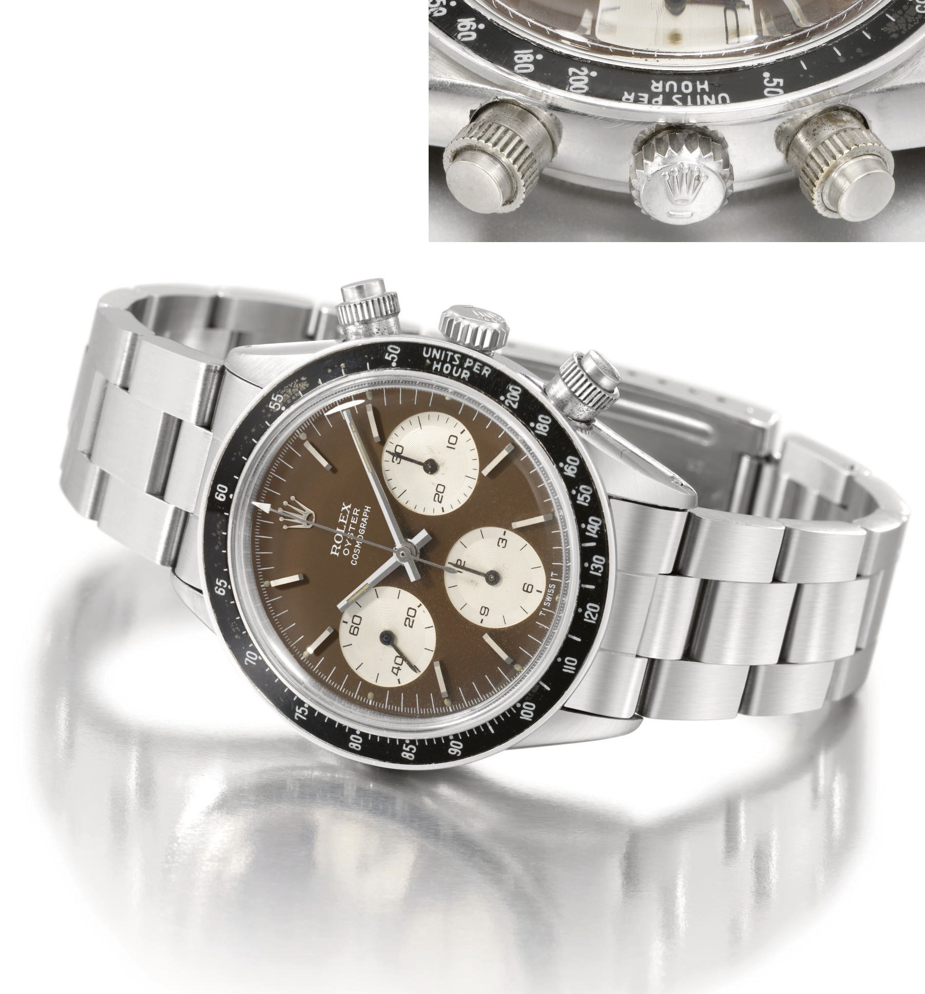 Rolex. A rare stainless steel chronograph wristwatch with brown dial and bracelet