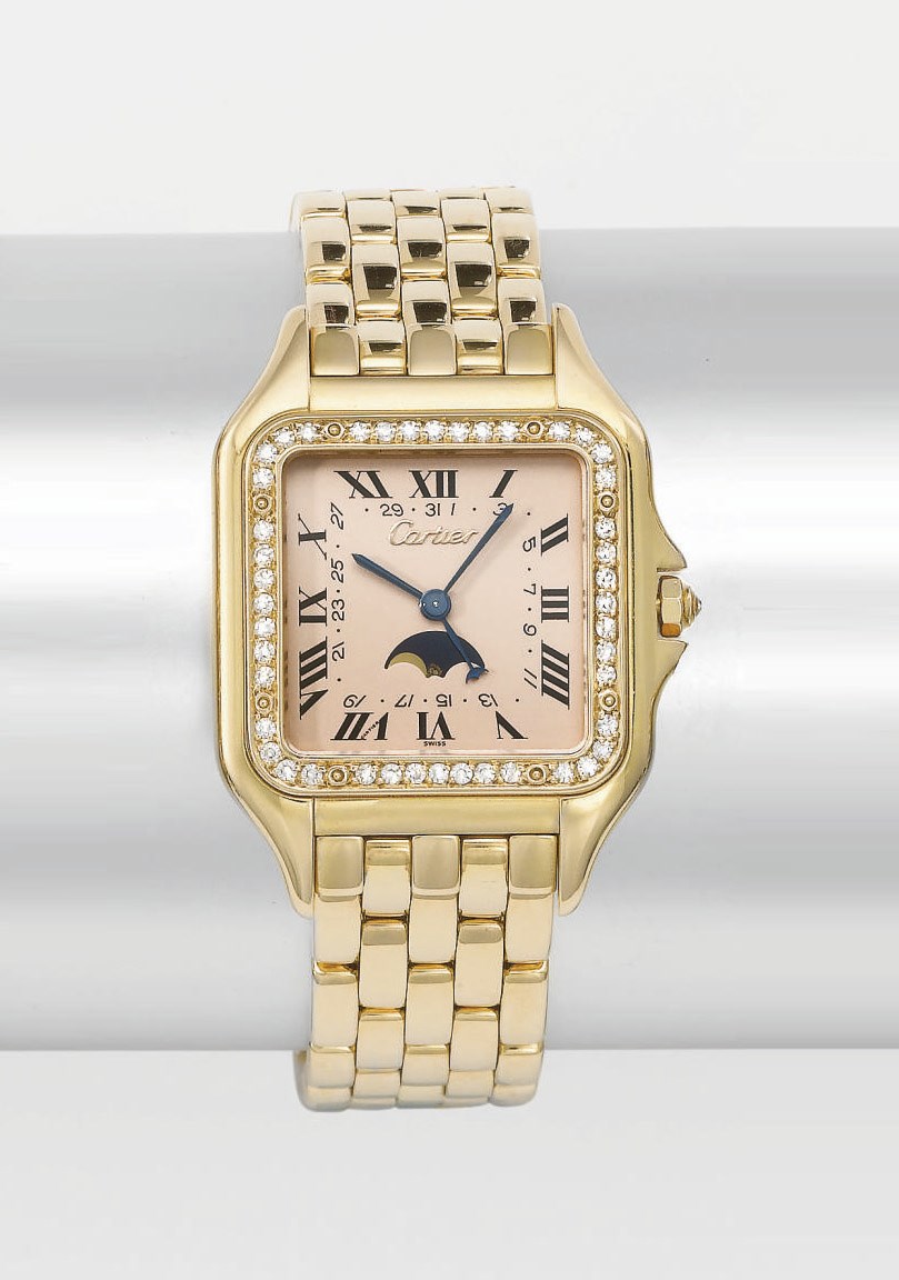 Cartier. A fine 18K gold and diamond-set square-shaped wristwatch with date, moon phases, pink dial and bracelet