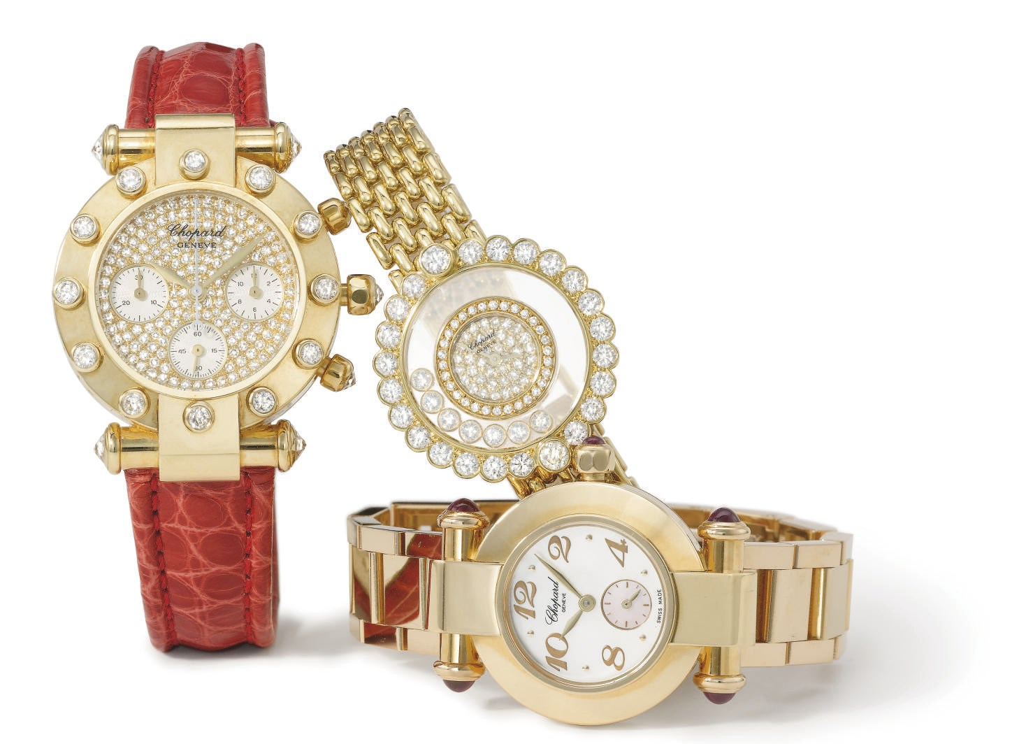 Chopard. A lot of three lady's 18K gold and gem-set wristwatches