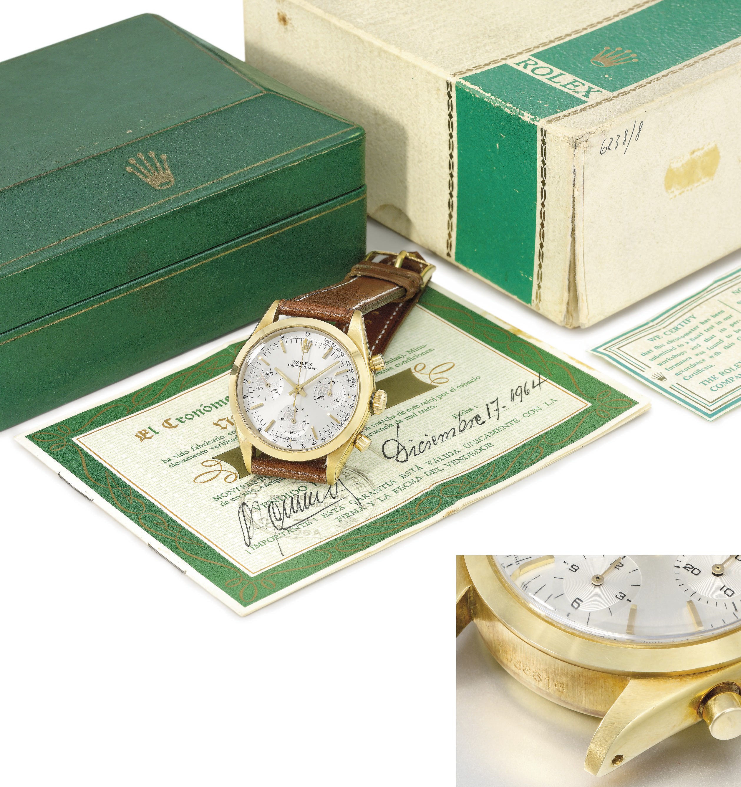 Rolex. A very fine and rare 18K gold chronograph wristwatch with guarantee and box