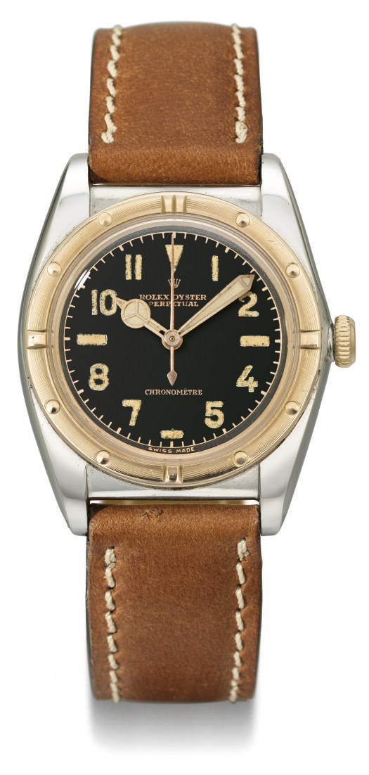 Rolex. An attractive stainless steel and pink gold automatic bubble back wristwatch with sweep centre seconds and black dial