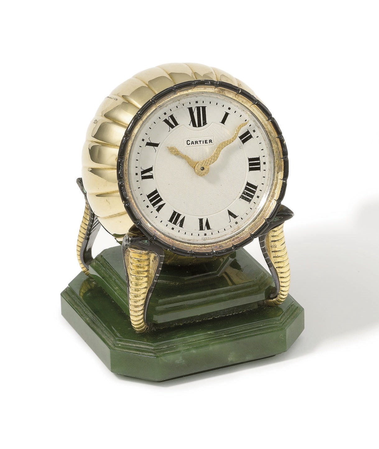 Cartier. A highly rare and unusual 18K gold and enamel ball-shaped bezel-wound desk timepiece with 18K gold, enamel and nephrite stand