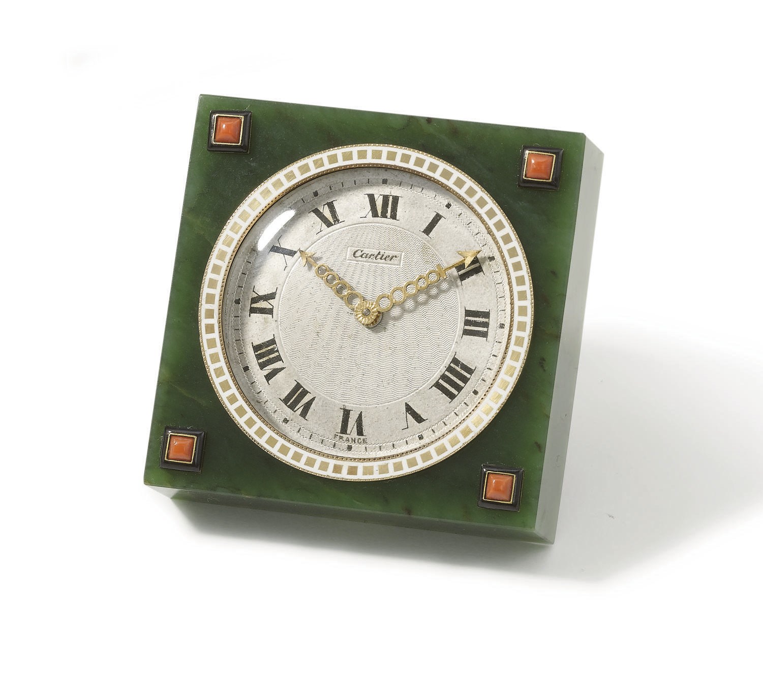 Cartier. A very fine 18K gold, nephrite, enamel and ruby-set 8-day Art Deco desk clock