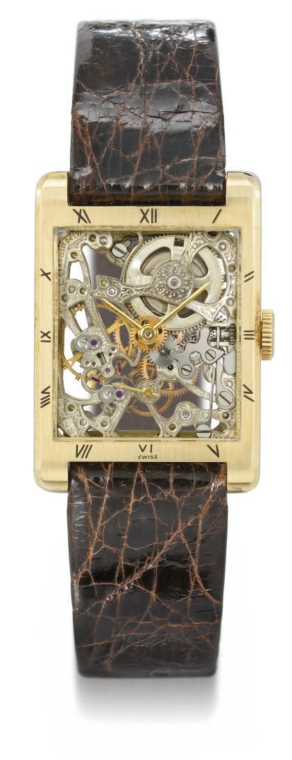 Audemars Piguet. A fine and rare 18K gold rectangular skeletonized wristwatch