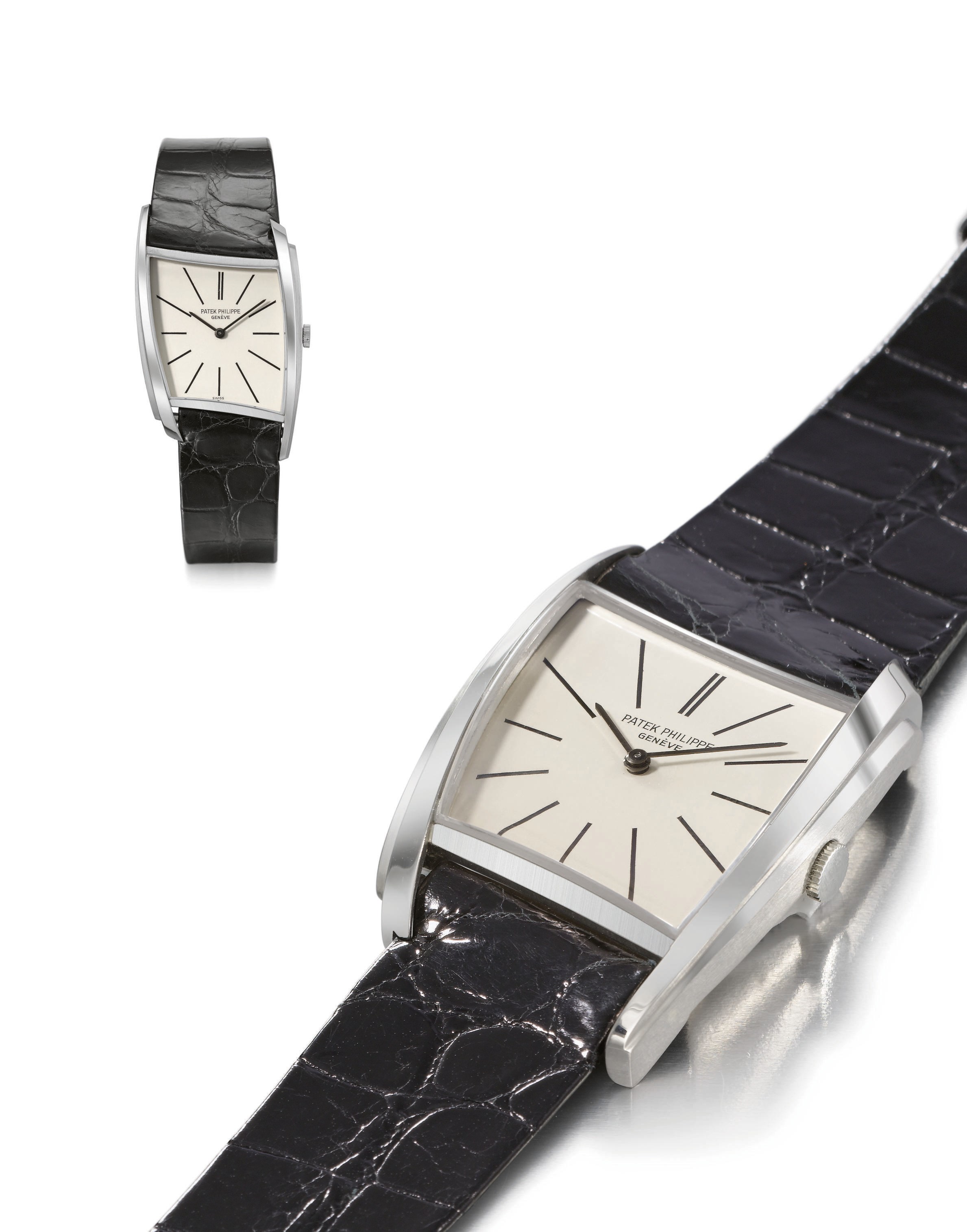 Patek Philippe. An extremely fine and possibly unique 18K white gold asymmetrical wristwatch, designed by Gilbert Albert