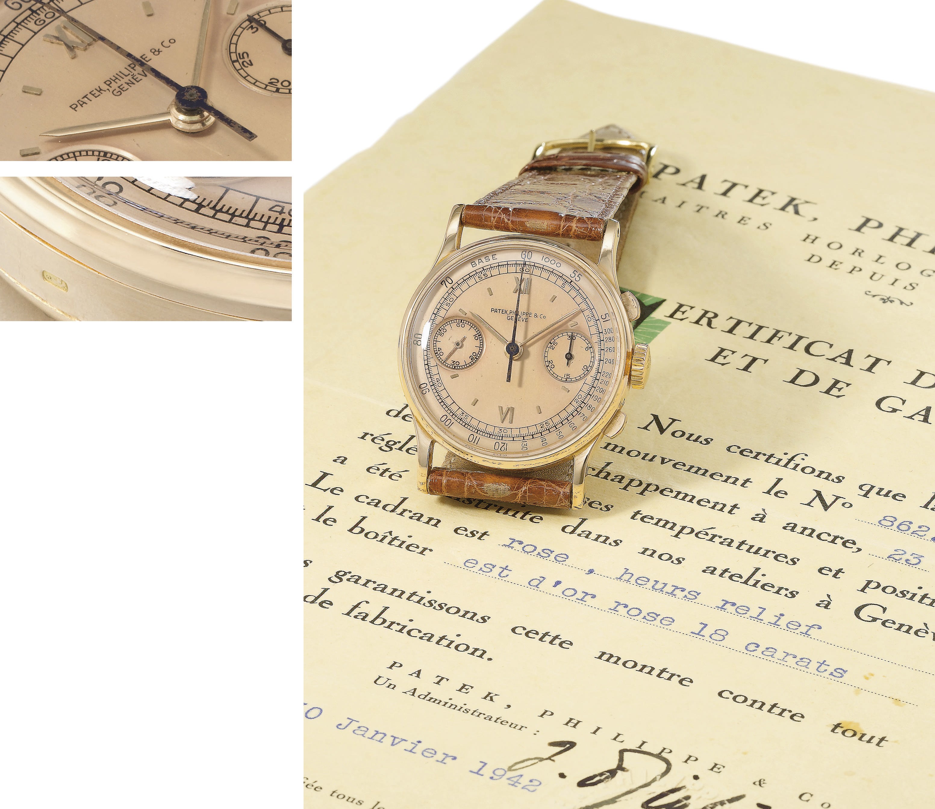 Patek Philippe. A very fine and rare 18K pink gold chronograph wristwatch with pink dial, original certificate and envelope
