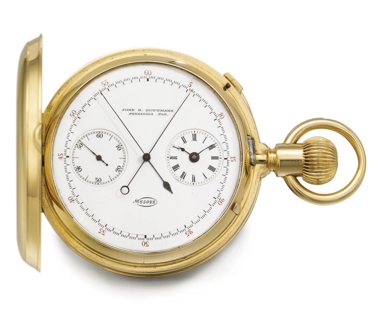 Patek Philippe. A rare 18K gold hunter case split seconds chronograph keyless lever watch with unusual regulator-style dial and American made case