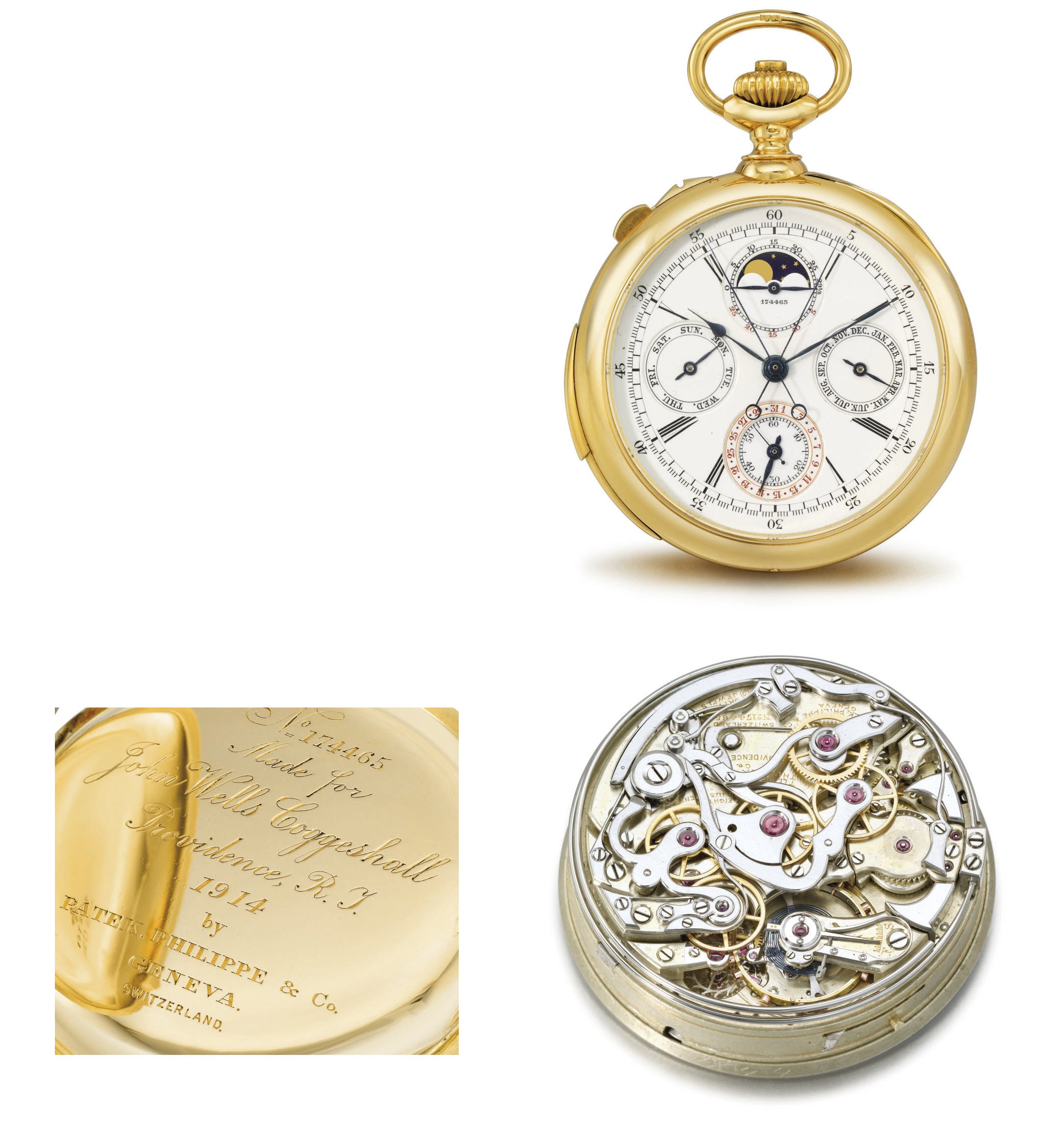 Patek Philippe. A fine and rare 18K gold openface minute repeating perpetual calendar split seconds chronograph keyless lever watch with moon phases