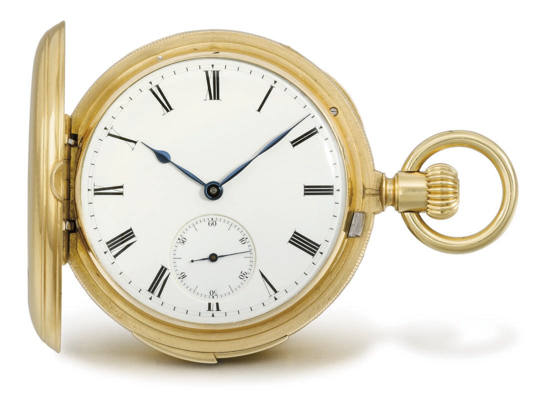 Patek Philippe. A fine and early 18K gold hunter case five minute repeating keyless lever watch
