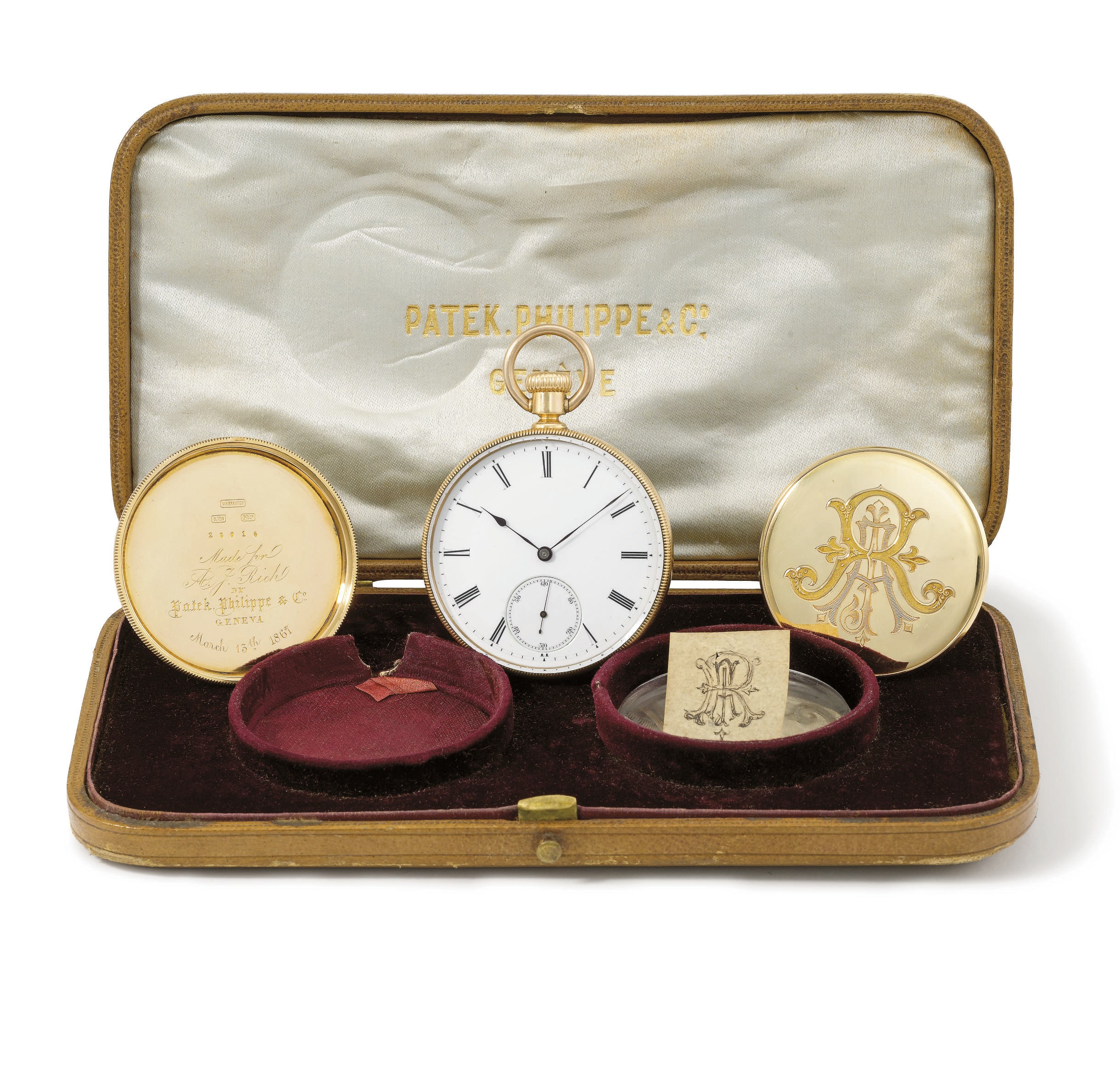 Patek Philippe. A fine, rare and early 18K pink gold openface keyless lever watch with original box