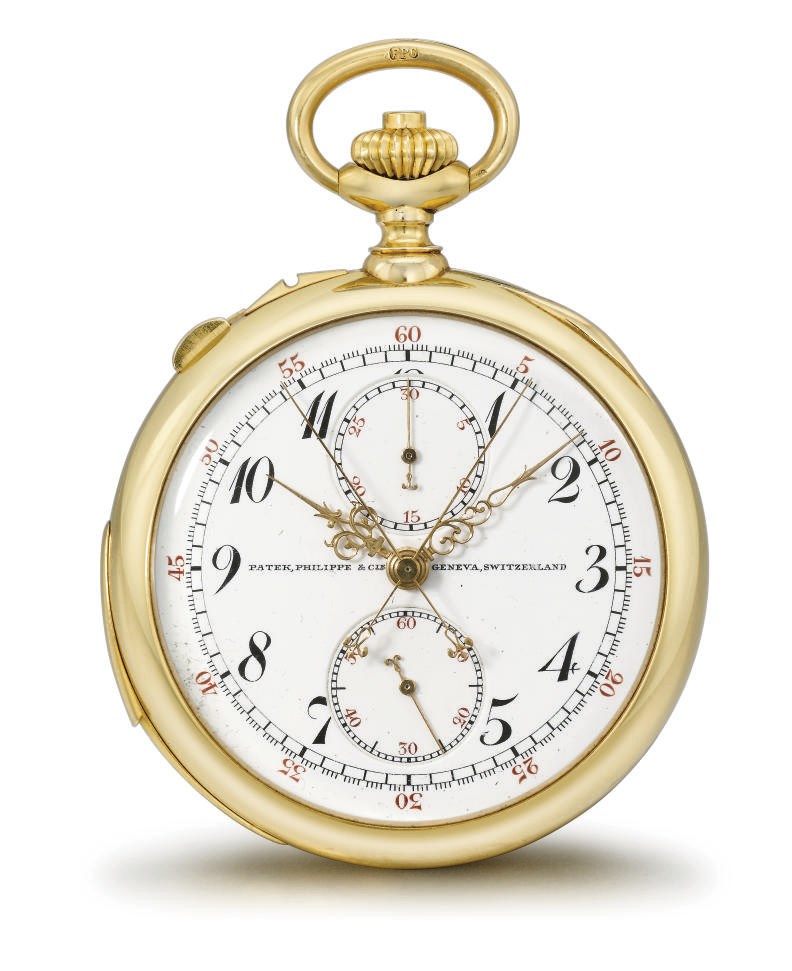 Patek Philippe. A fine and rare 18K gold openface minute repeating split seconds chronograph keyless lever watch