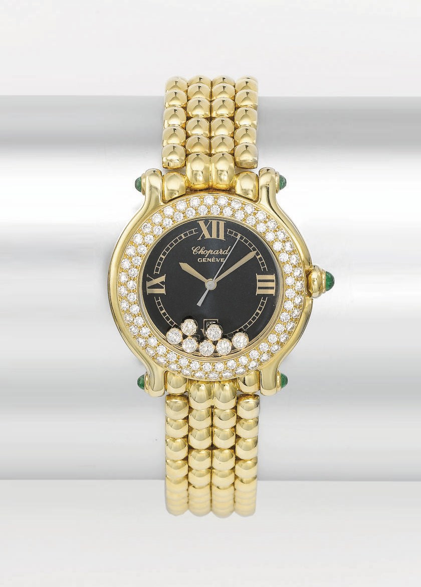 Chopard. A lady's fine 18K gold, diamond and emerald-set wristwatch with sweep centre seconds, date and bracelet