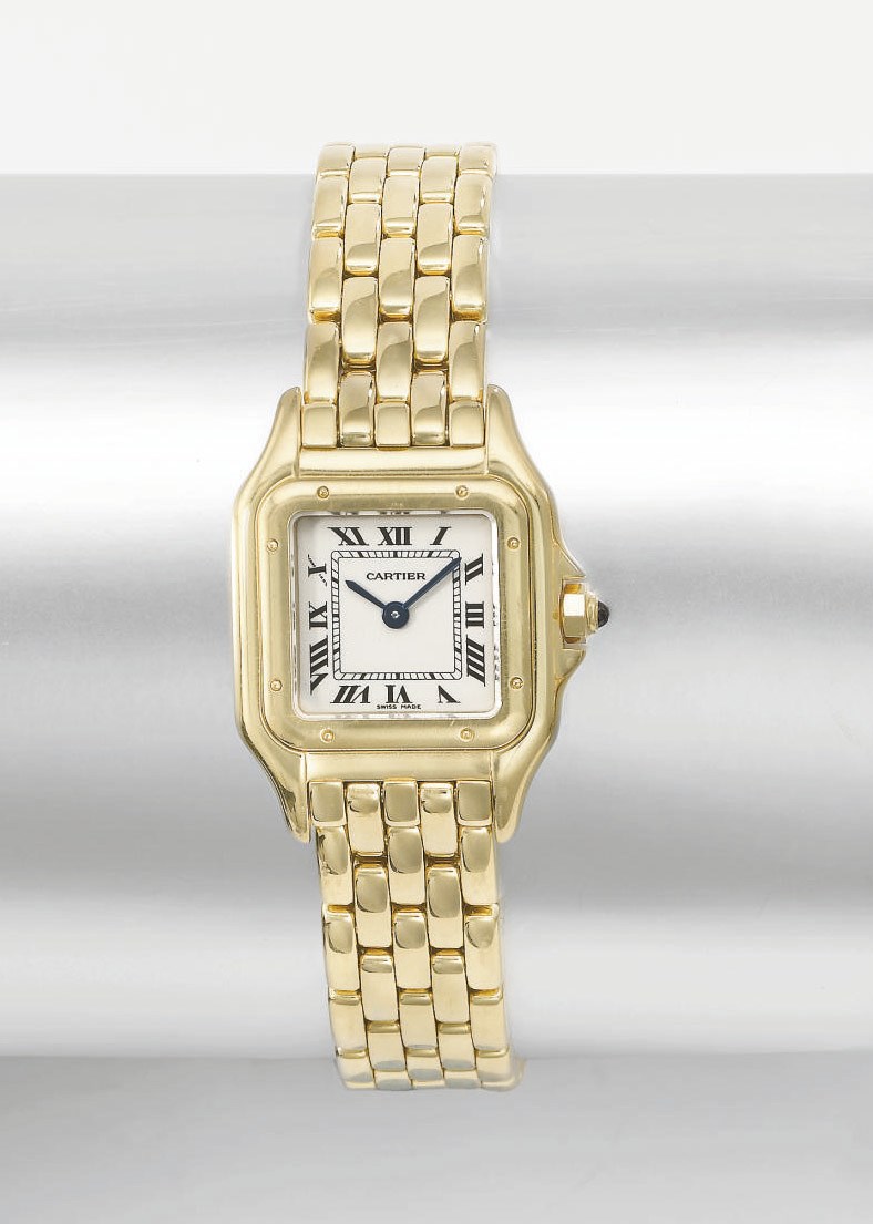 Cartier. A lady's 18K gold square-shaped wristwatch with bracelet