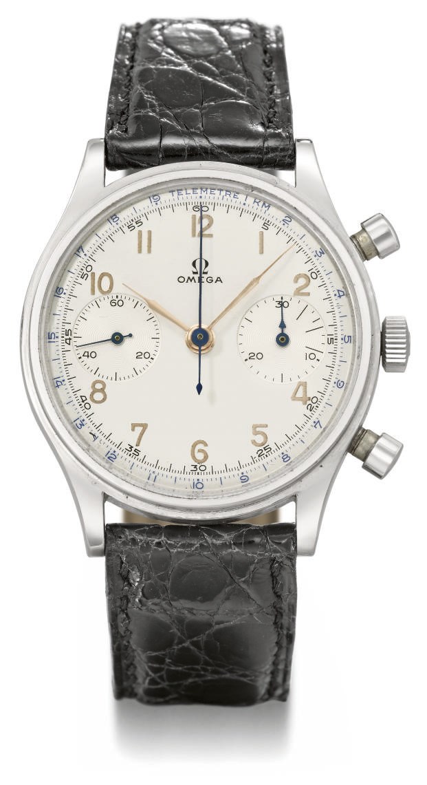 Omega. A large stainless steel chronograph wristwatch with two-tone silvered dial