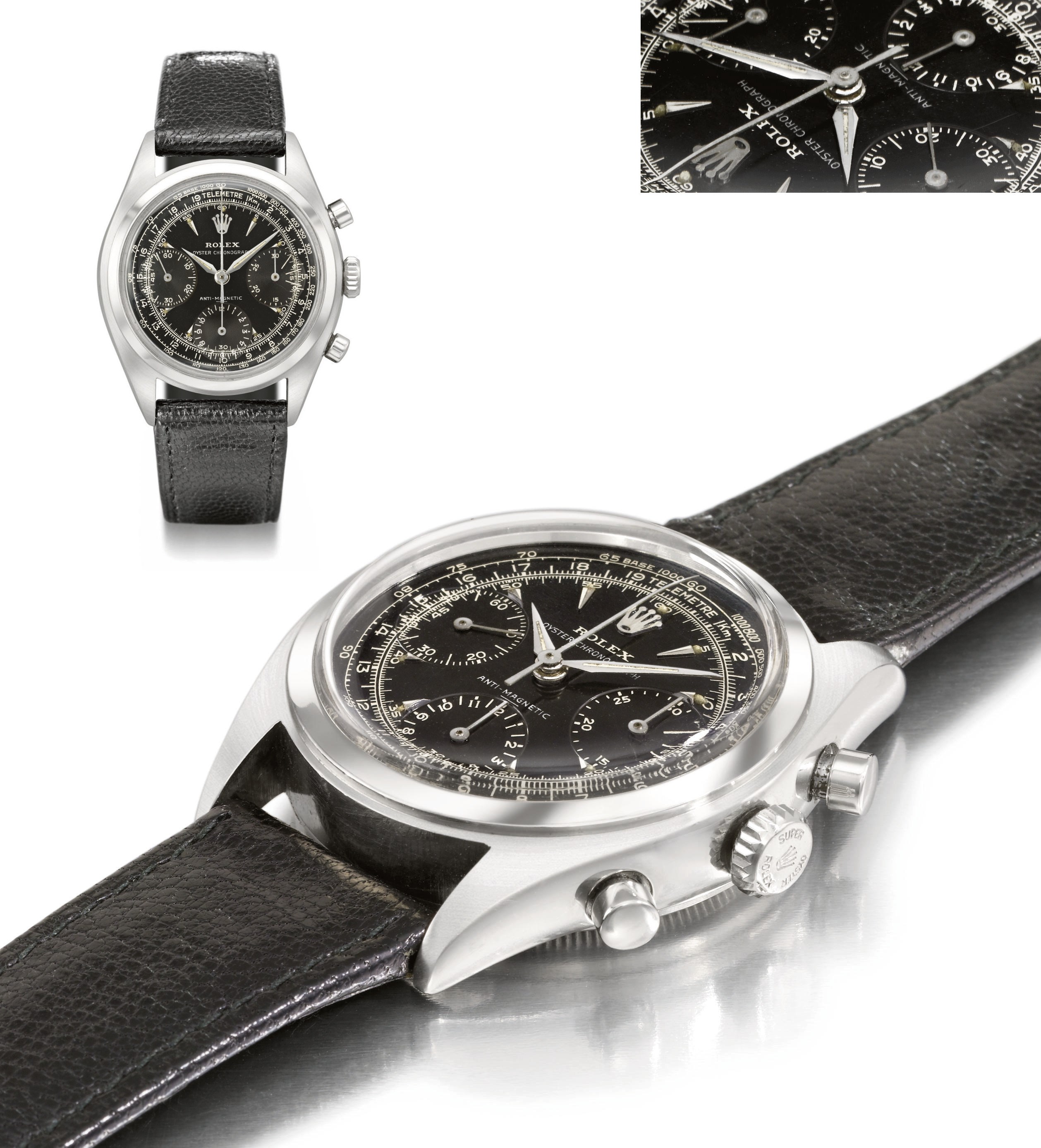 Rolex. A very attractive and extremely rare stainless steel chronograph wristwatch with black lacquer "underline" dial