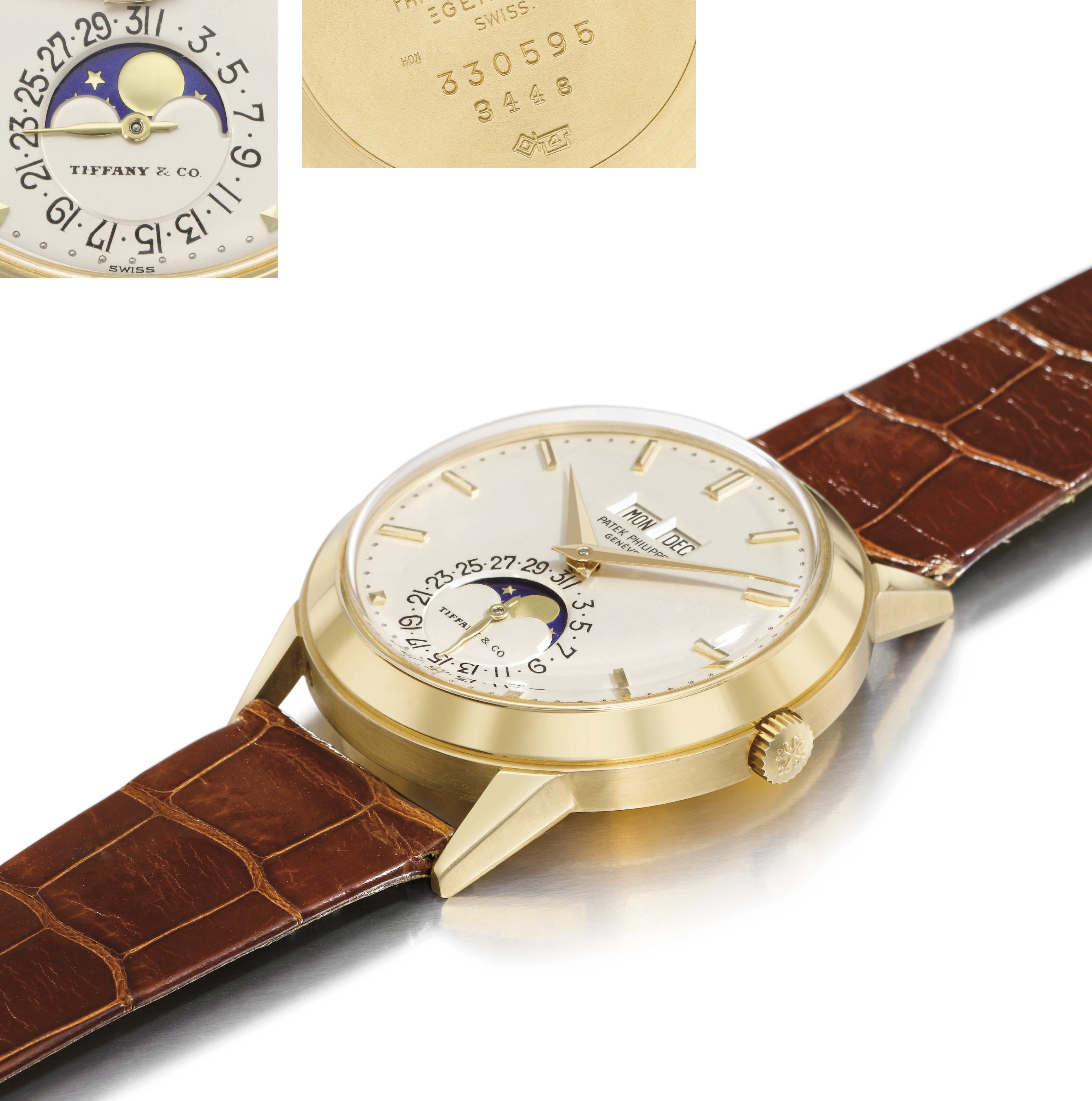 Patek Philippe. A very fine and rare 18K gold automatic perpetual calendar wristwatch with moon phases