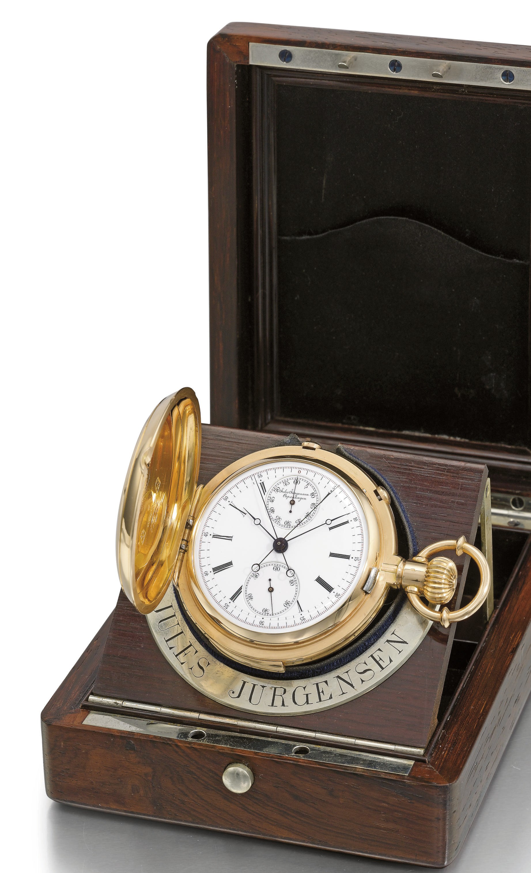 Jules Jürgensen. A fine and rare 18K pink gold hunter case minute repeating keyless lever split seconds chronograph watch with wooden box
