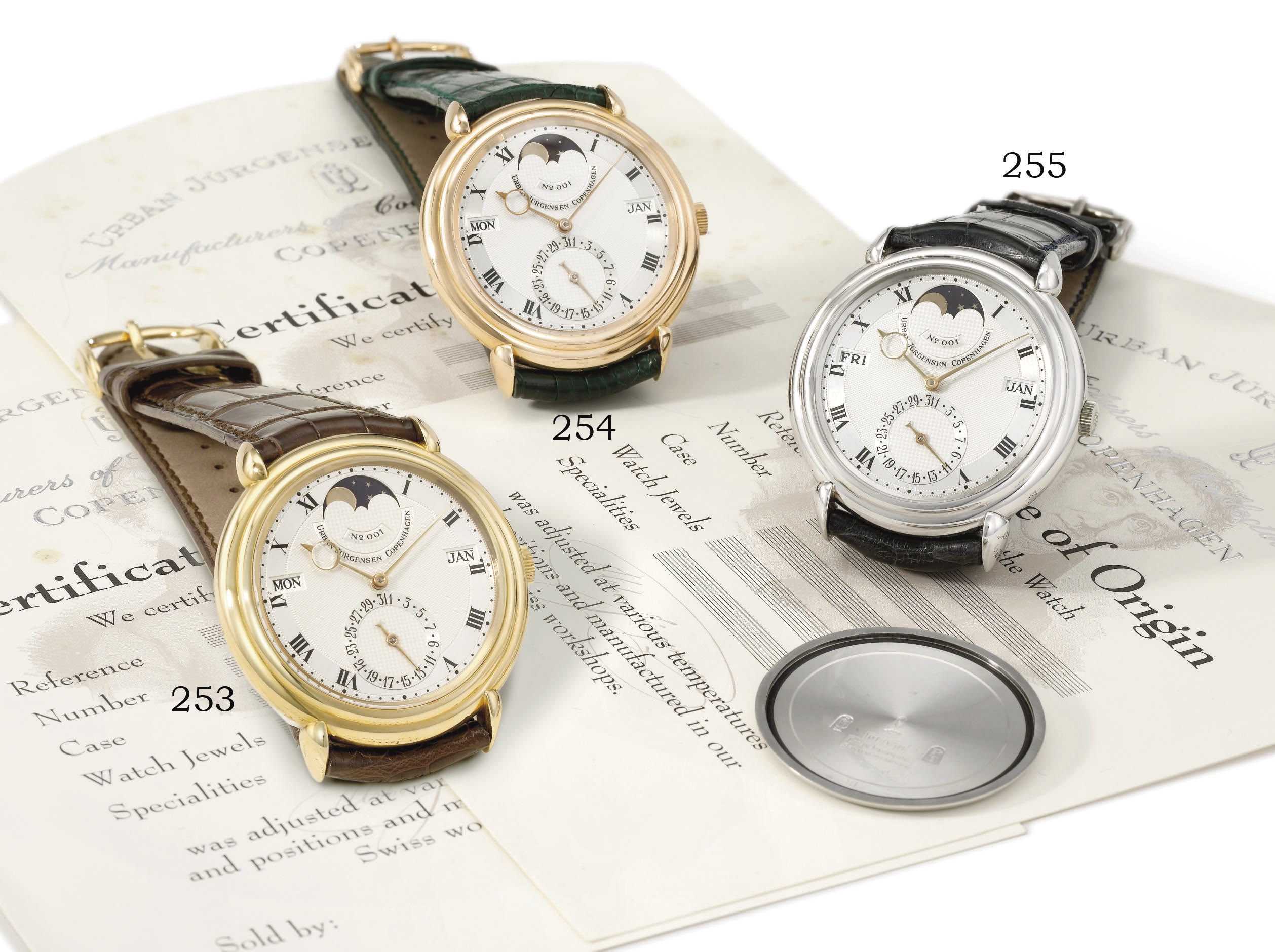 Urban Jürgensen. A fine and rare platinum automatic perpetual calendar wristwatch with moon phases and spare back