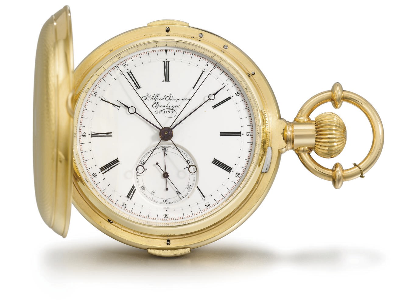 J. Alfred Jürgensen. A fine and rare 18K gold hunter case two train independent split seconds keyless lever watch with flying fifths of a second