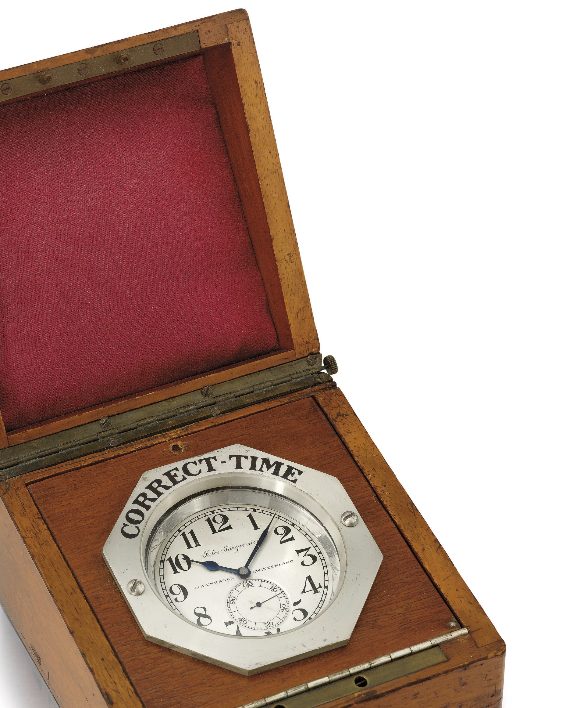 Jules Jürgensen. A fine and rare nickel-plated openface keyless lever deck watch with original wooden display box