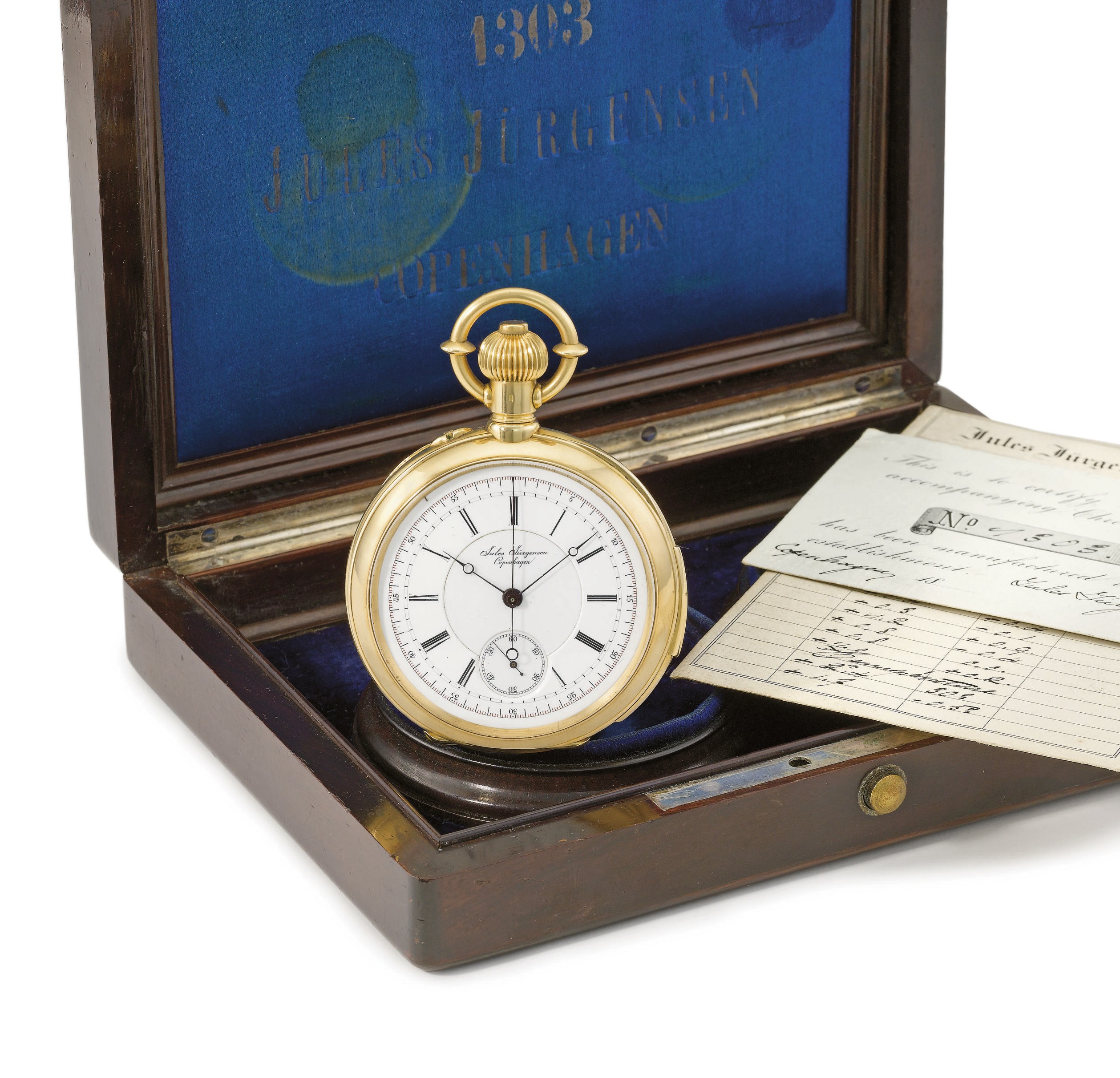 Jules Jürgensen. A fine and rare 18K gold openface minute repeating keyless lever chronograph watch with original certificates and box