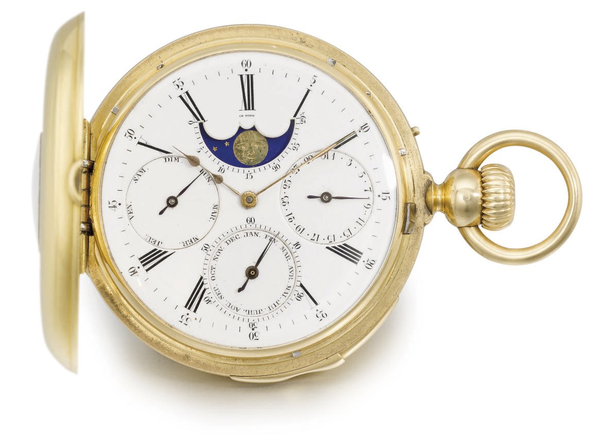 Louis Audemars, made for Charles Oudin. A fine, rare and early 18K gold half hunter case quarter repeating full calendar keyless lever watch with moon phases