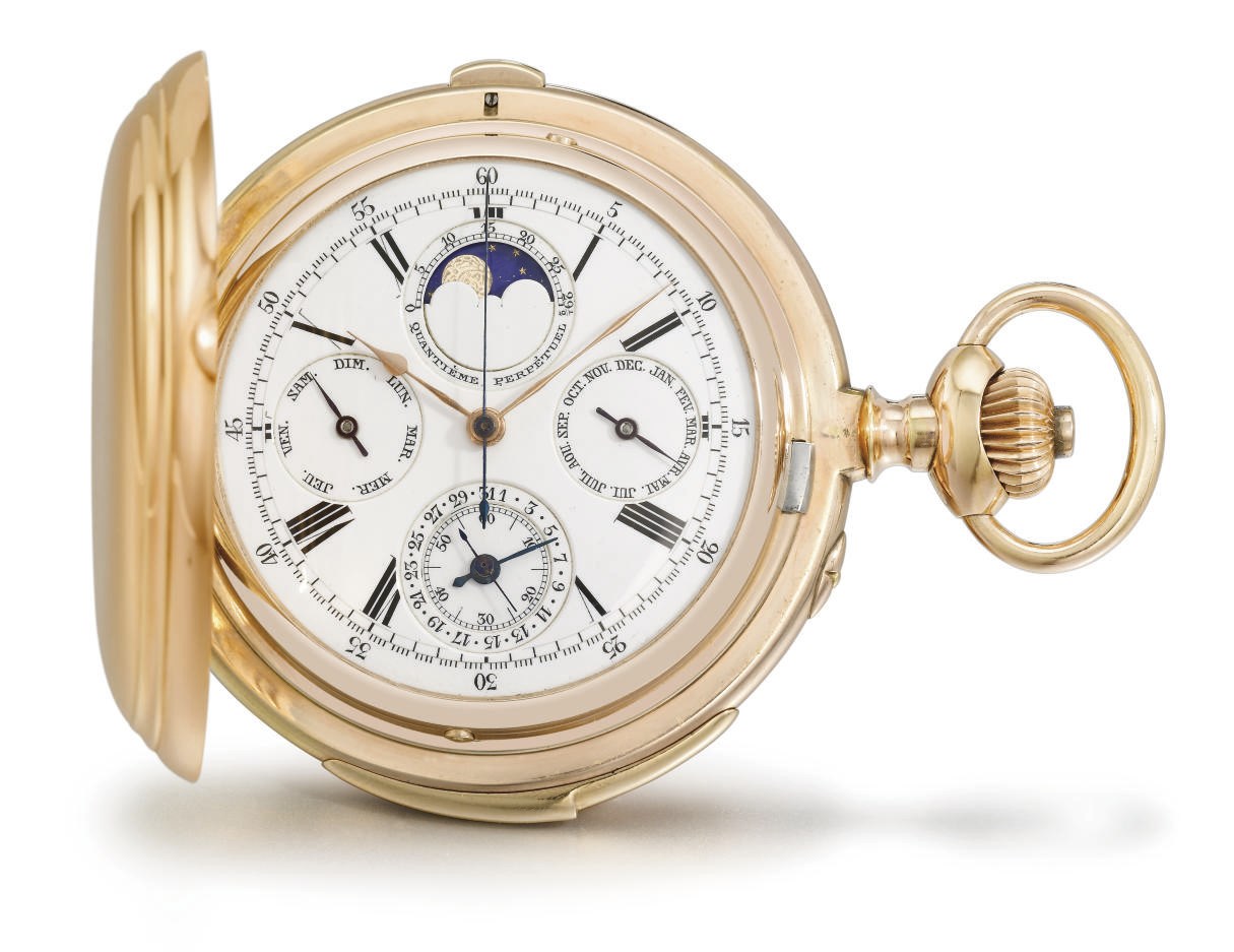 Swiss. An 18K pink gold hunter case minute repeating perpetual calendar keyless lever chronograph watch with moon phases