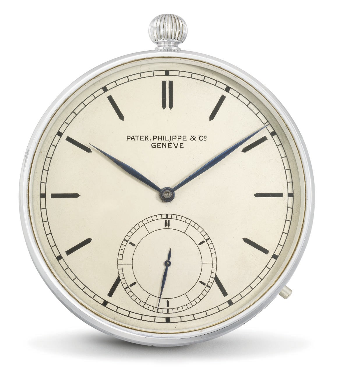 Patek Philippe. A rare and large chromium-plated openface keyless lever deck watch with Guillaume balance, hack feature and Bulletin d'Observatoire