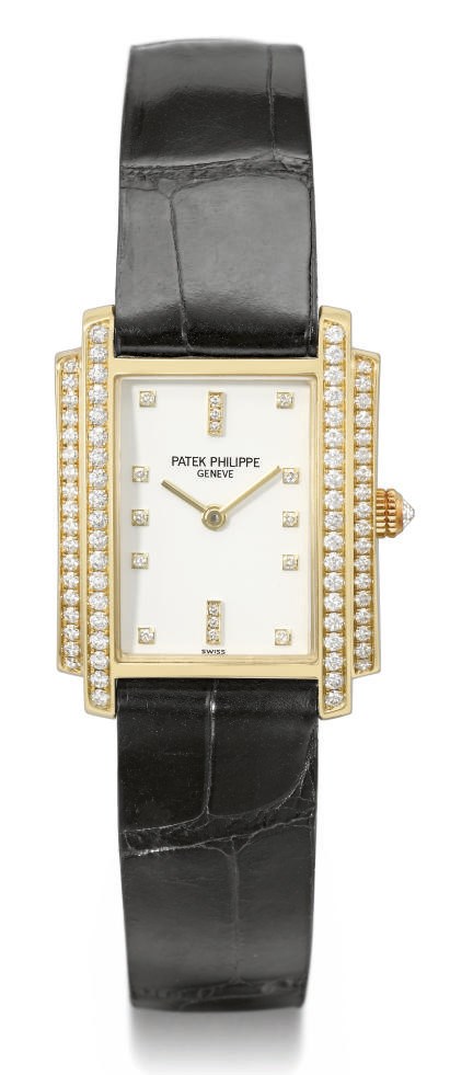 Patek Philippe. A lady's 18K gold and diamond-set rectangular wristwatch