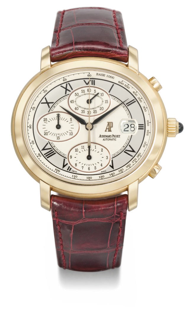 Audemars Piguet. A large 18K pink gold oval automatic chronograph wristwatch with date and two-tone silvered dial
