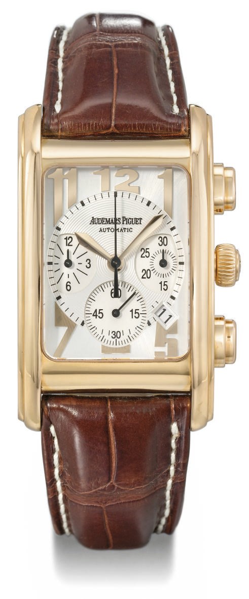 Audemars Piguet. A fine and large 18K pink gold rectangular curved automatic chronograph wristwatch with date