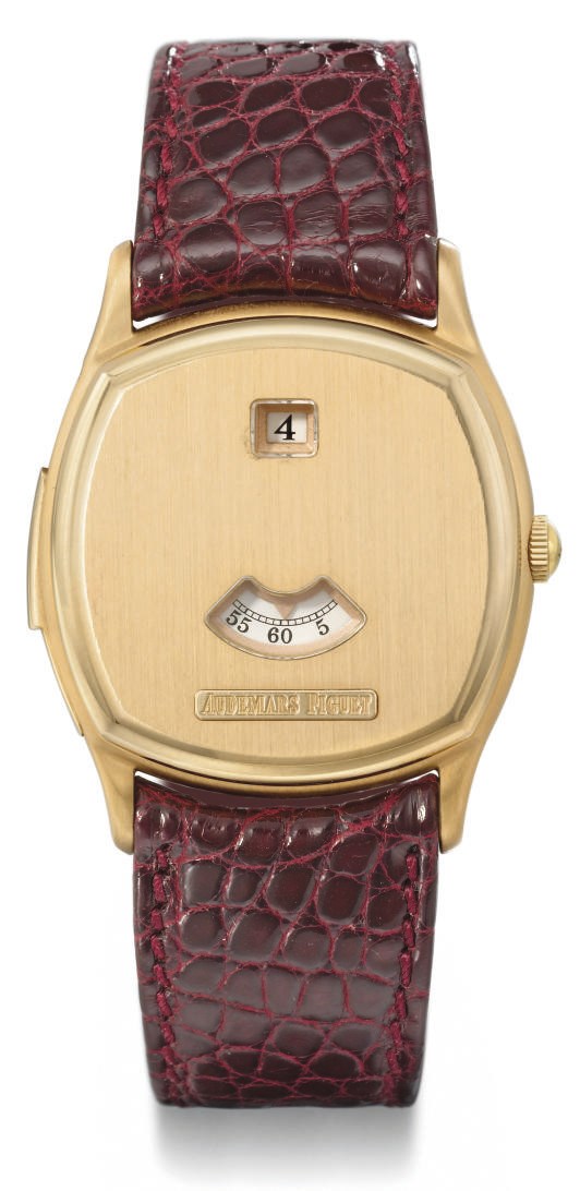 Audemars Piguet. A fine and very rare 18K pink gold cushion-shaped minute repeating jump hour "digital" wristwatch