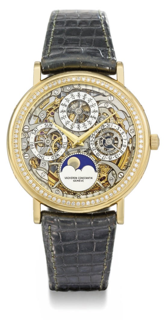 Vacheron Constantin. A fine 18K gold and diamond-set automatic skeletonized perpetual calendar wristwatch with moon phases