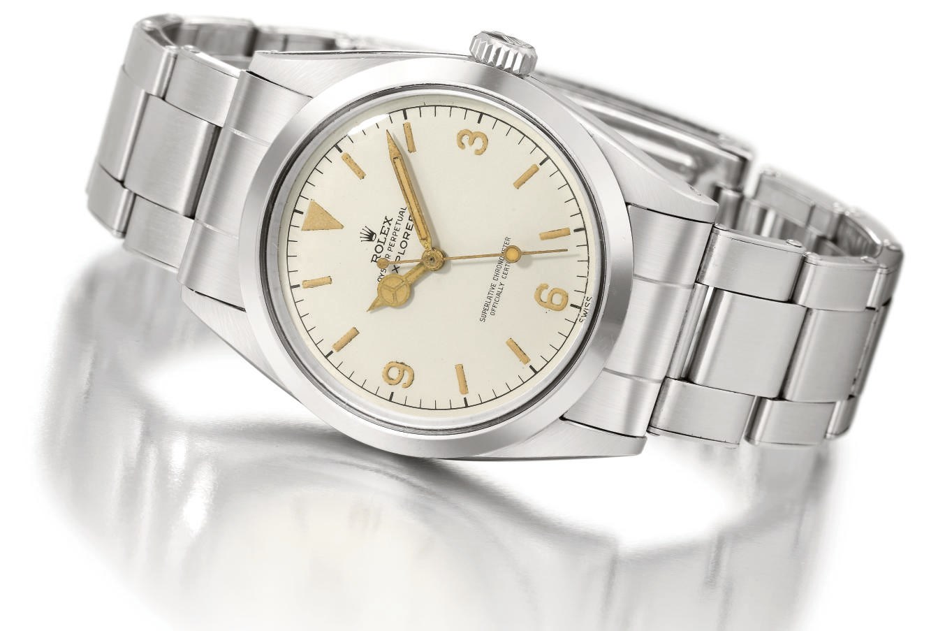 Rolex. A very rare and unusual stainless steel wristwatch with sweep centre seconds, bracelet and white dial