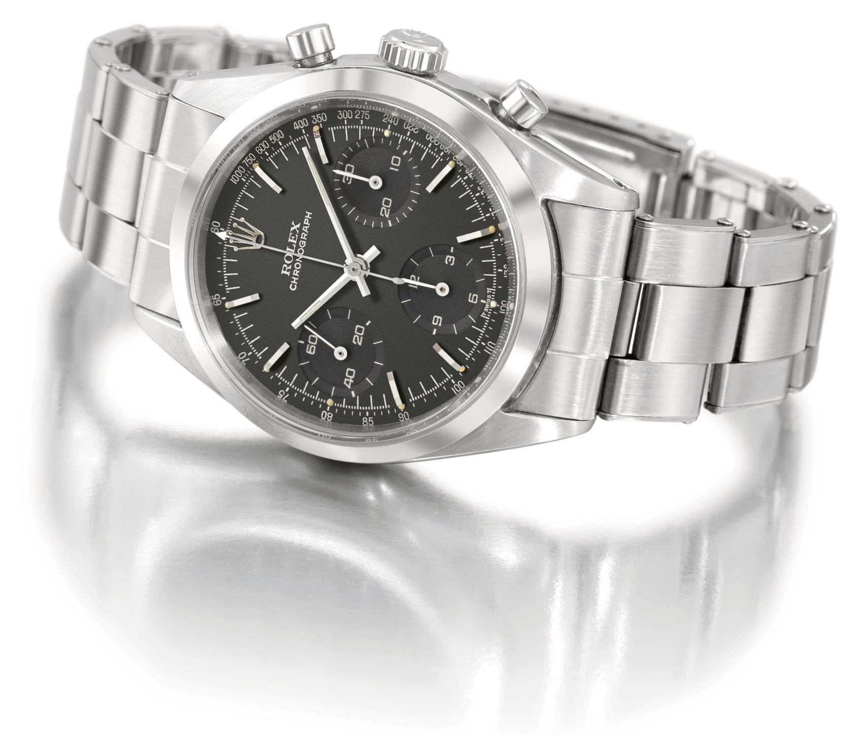 Rolex. A very fine and rare stainless steel chronograph wristwatch with black dial and bracelet