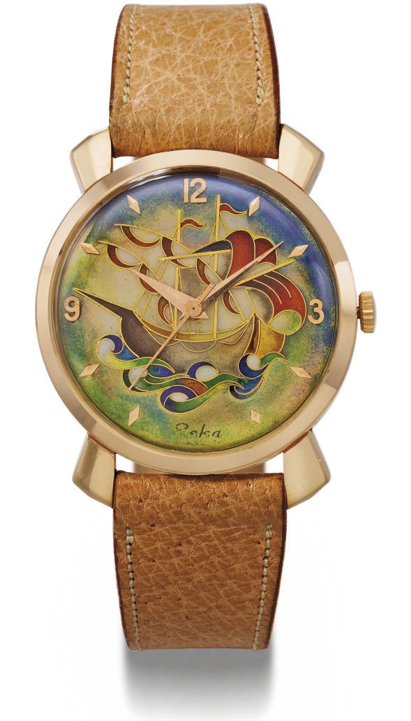Eska. A rare and large 18K pink gold automatic wristwatch with sweep centre seconds and cloisonné enamel dial