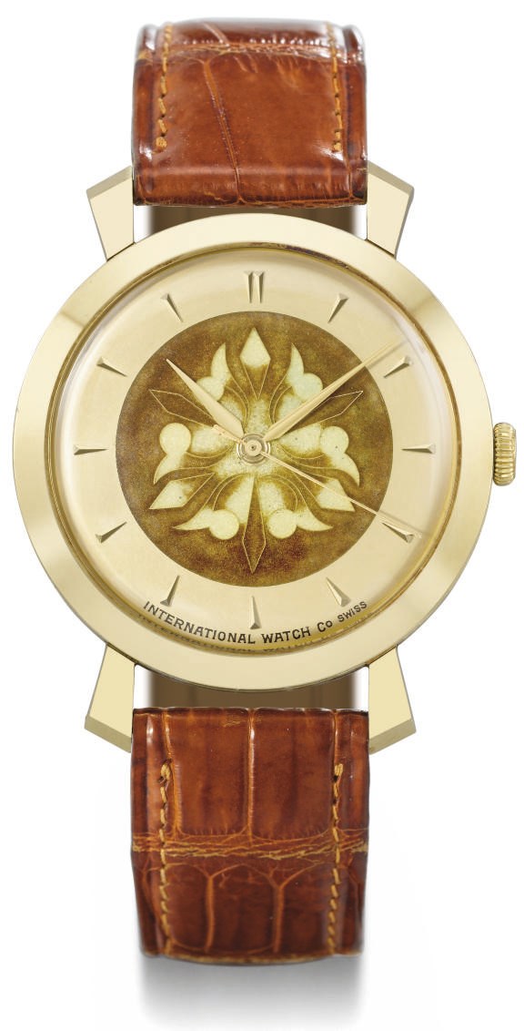 IWC. A fine and rare 18K gold wristwatch with sweep centre seconds and cloisonné enamel dial