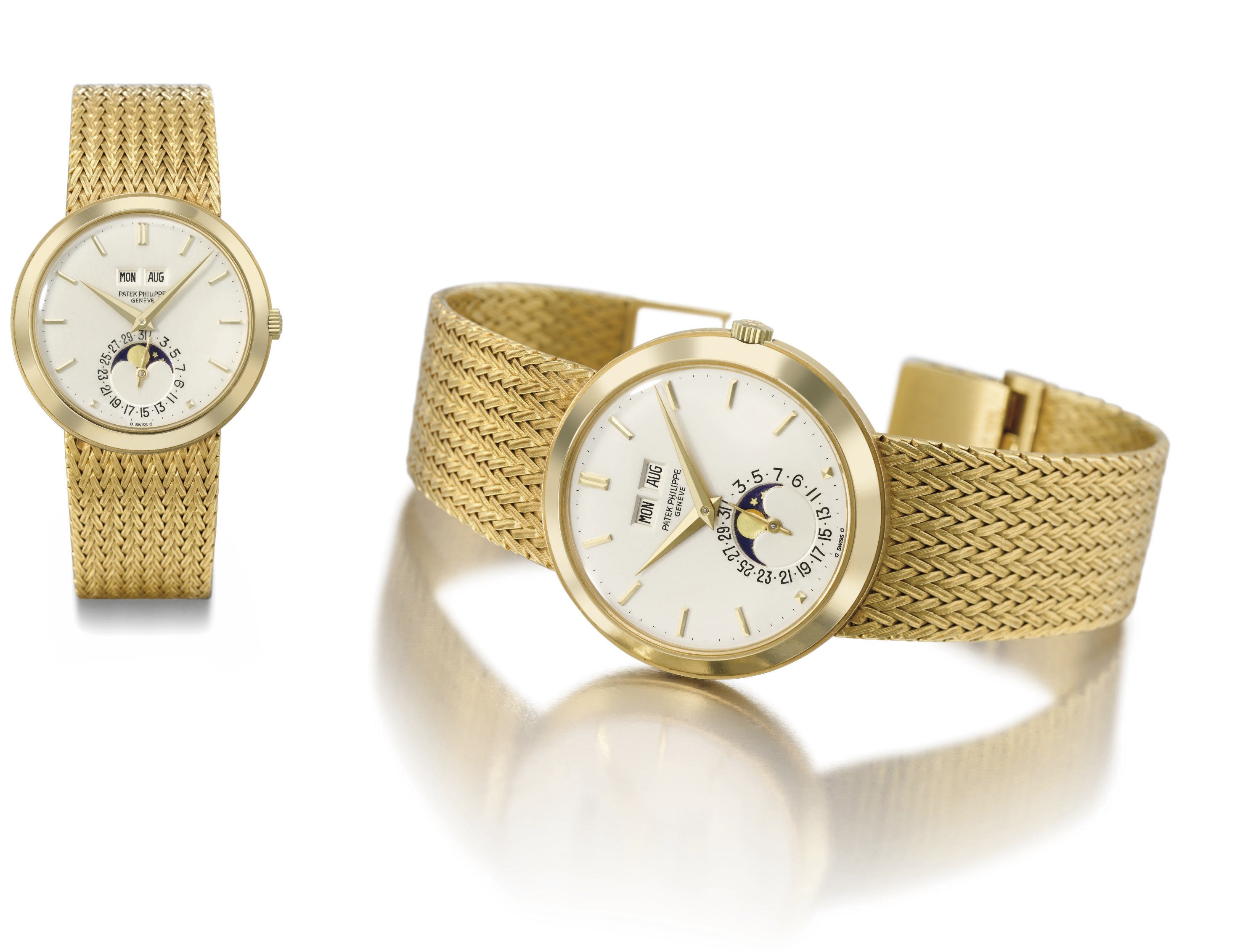 Patek Philippe. A very fine and rare 18K gold automatic perpetual calendar wristwatch with moon phases and bracelet
