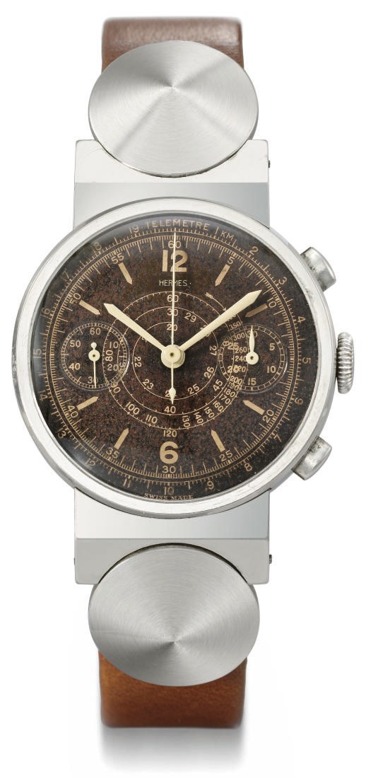 Hermes. An attractive and rare stainless steel chronograph wristwatch with unusual lugs and black dial