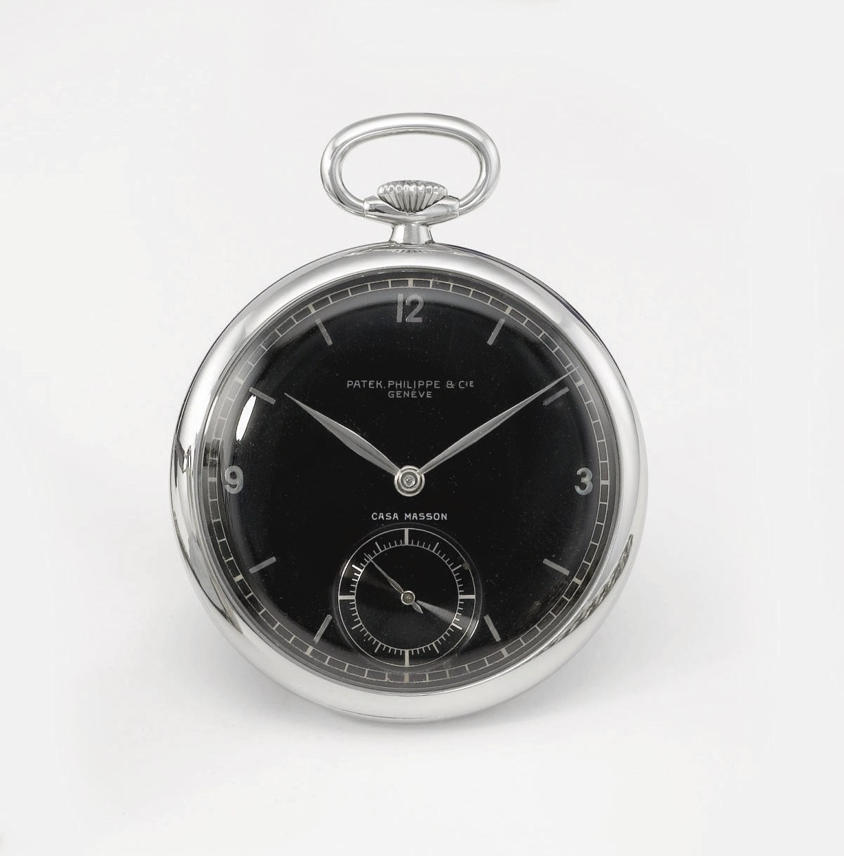 Patek Philippe. A rare and unusual stainless steel openface keyless lever watch with black dial