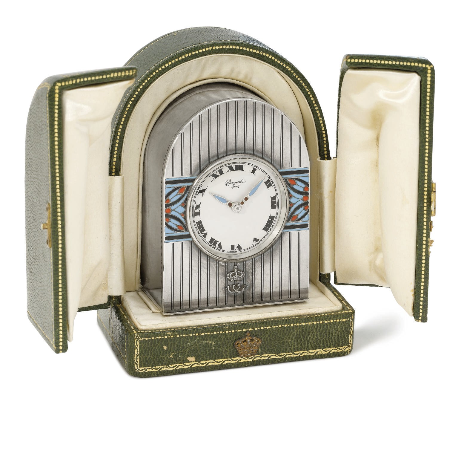 Breguet. A very fine and rare silver and enamel Art Deco 8-day miniature "hump-back" desk timepiece with original box, made for King Fouad I of Egypt