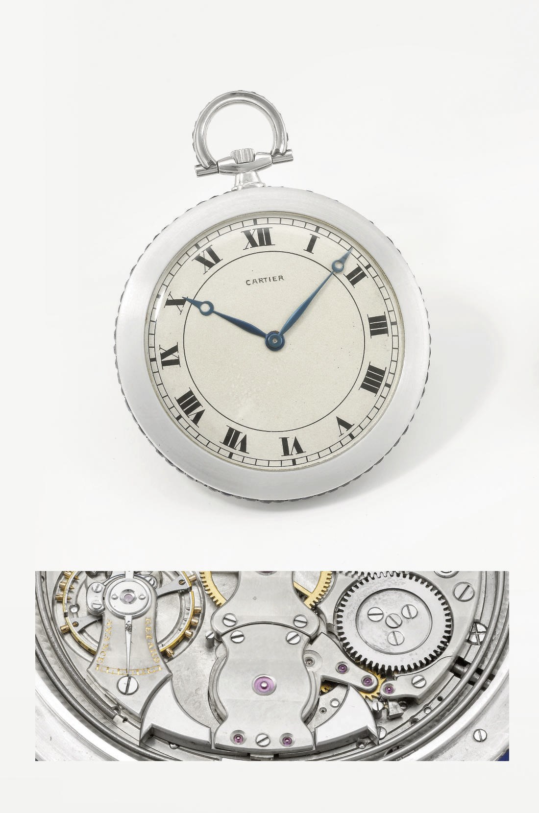 Cartier. An extremely fine and rare platinum and sapphire-set openface keyless lever dress watch, minute repeating activated through the bezel