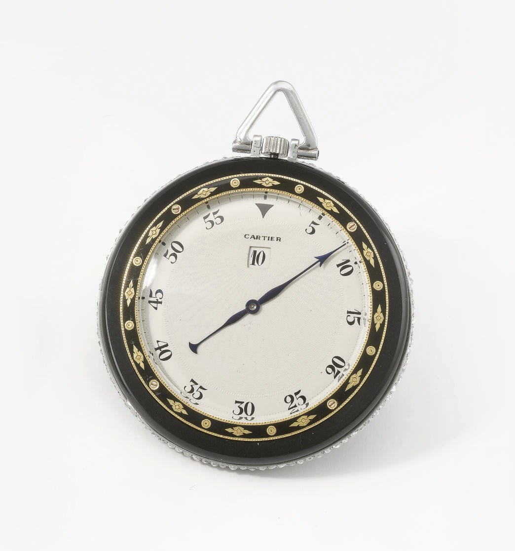 Cartier. A fine and rare 18K gold, black onyx, enamel and diamond-set openface keyless lever jump hour dress watch