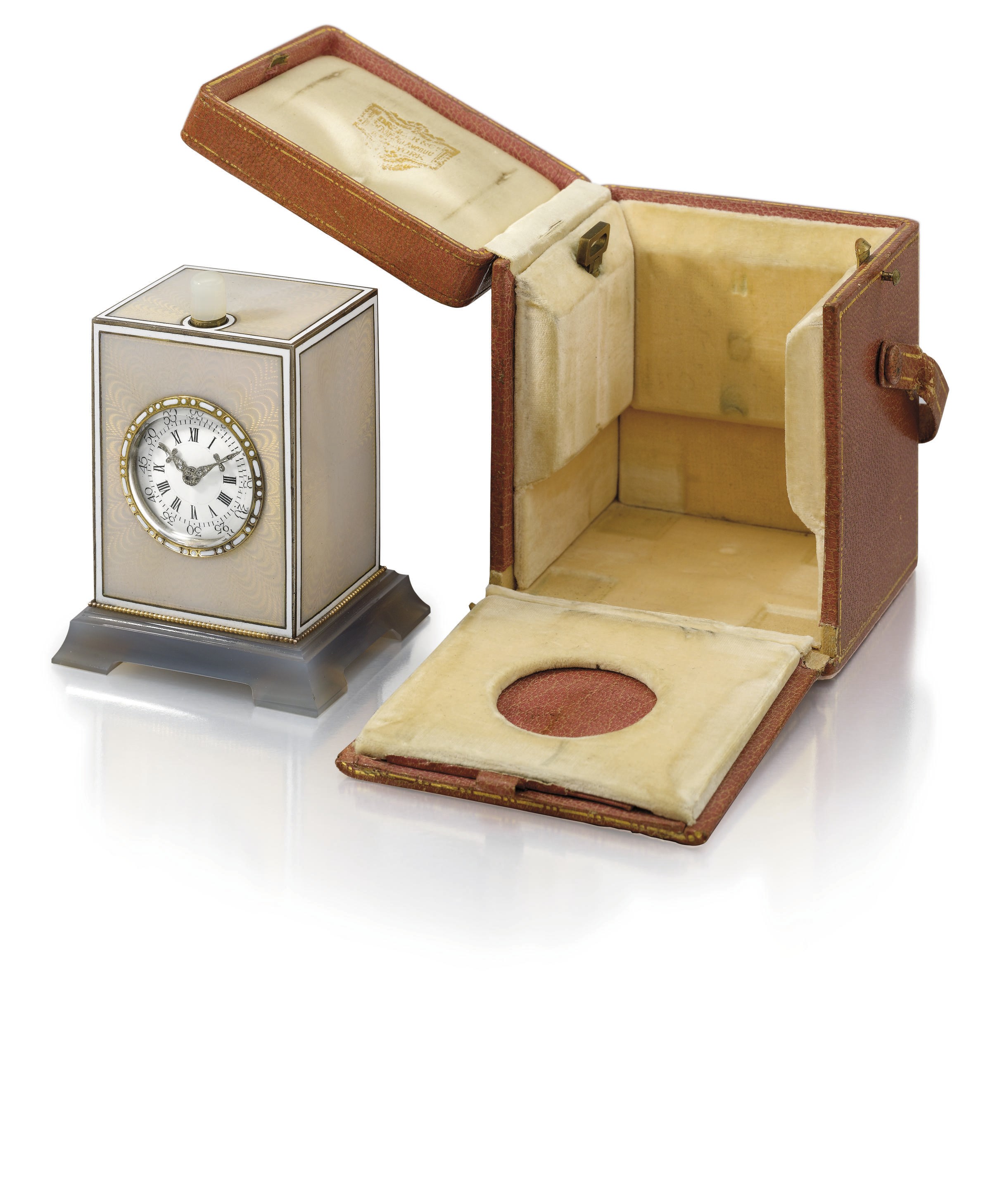 Swiss. A very fine, rare and unusual silver, enamel, agate and diamond-set 8-day minute repeating desk clock with fitted box