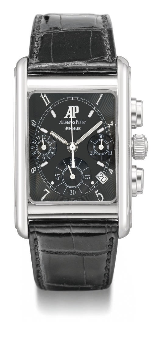 Audemars Piguet. A fine and large 18K white gold rectangular curved automatic chronograph wristwatch with date
